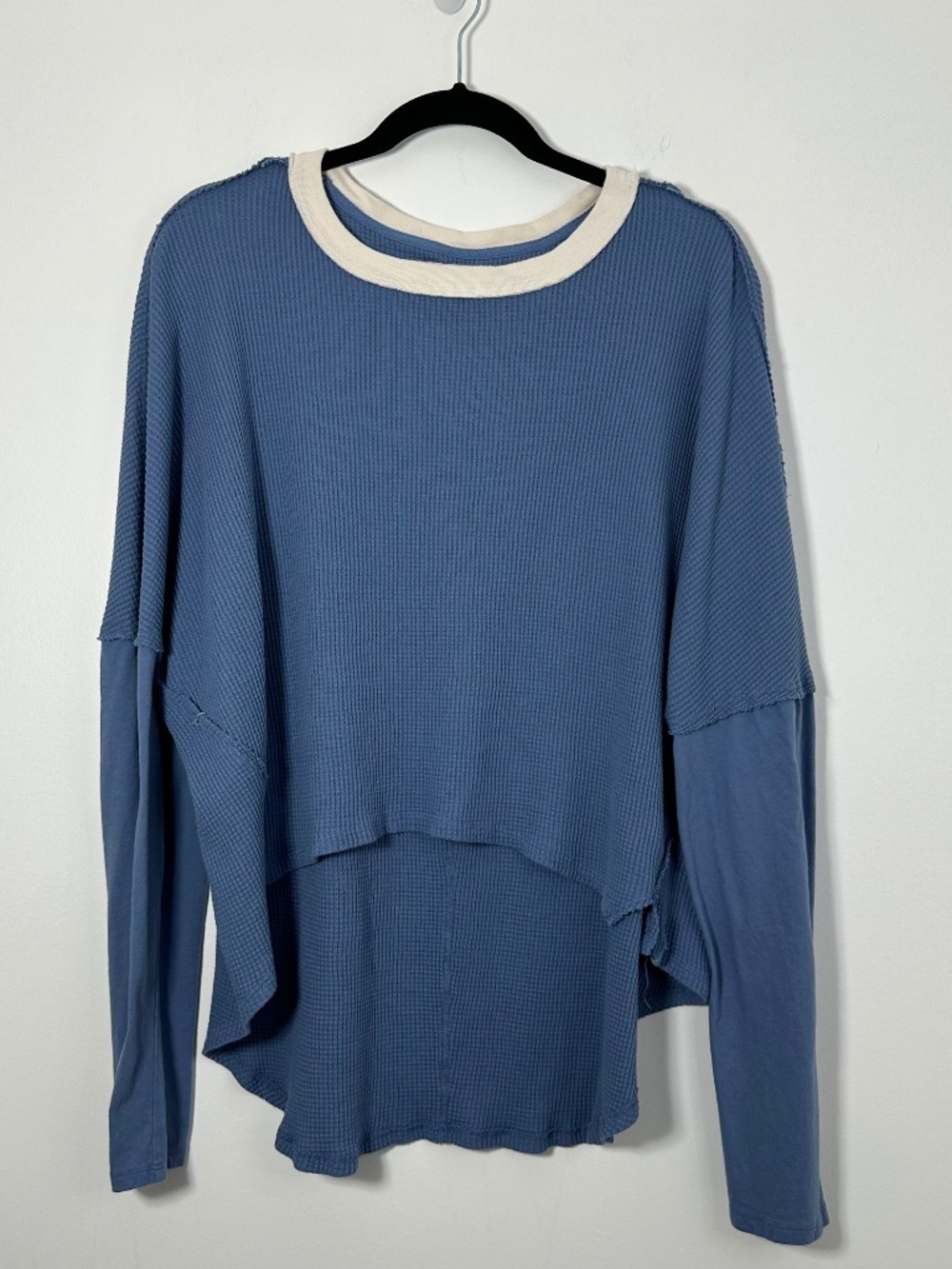 Free People We The Free Waffle Knit High Low Blue Long Sleeve Crop Top Size L